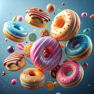 3D inflation effect of cookies, donuts and coffee  .  that look shiny. floating wallpaper with vibrant colors