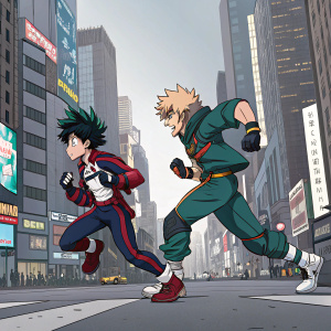 Fan art featuring dynamic poses of My Hero Academia characters in a bustling cityscape. Vibrant colors contrast with muted grey background