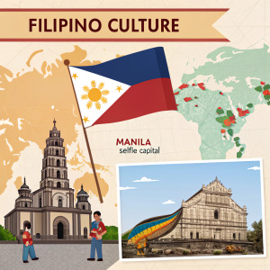 Infographic showcasing Filipino culture and landmarks. Highlighting the Philippine flag, Manila's nickname as the selfie capital, and distribution of Filipino communities worldwide. Incorporating traditional artwork.