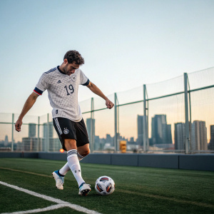 Leon Goretzka, intense focus, practicing penalty kicks on a synthetic turf field. White jersey number 19. Skyline visible in background