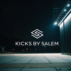 Digital graphic design for 'Kicks by Salem'. Minimalist logo featuring a simple, abstract white symbol above text. 'Kicks by Salem' in sleek, sans-serif font on a dark background.
