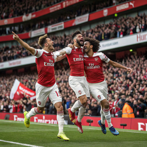 Mesut Ozil, Sead Kolasinac, and Mo Elneny celebrating a goal in a packed stadium.
