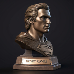 Digital illustration showcasing Henry Cavill's bust sculpture. Bronze finish, nameplate attached. Dark background, sleek design