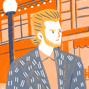 Final Fantasy XV's Prompto Argentum, intensely focused. Sleek hairstyle with a prominent spike and neat beard. His outfit is a tailored, patterned jacket with geometric designs, reflecting a blend of style and grace. Background: bustling street scene with neon lights.