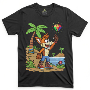 Vintage Crash Bandicoot video game t-shirt. Retro pixel art design on black fabric.