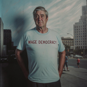 A mural of Robert Mueller wearing a t-shirt with 'WAGE DEMOCRACY' in bold letters. The painting is on a city wall.
