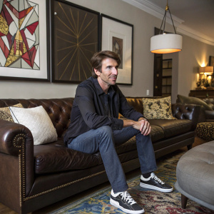 Sharlto Copley, sitting on a luxurious leather couch in his living room, surrounded by modern art and cozy cushions. He's dressed casually and has a neat short brown haircut.