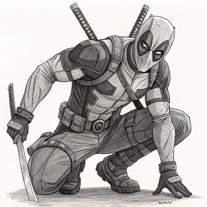 Line art sketch of Deadpool, dynamic pose, crouched, monochromatic palette, detailed muscles, plain white background