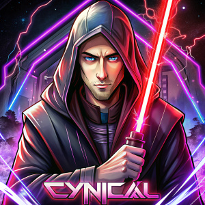 guy wearing a black jedi cloak holding a red and purple lightsaber with the words 'Cynical' at the bottom