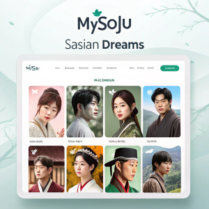 Digital illustration of Mysoju website. Modern, grid layout featuring Asian dramas. Light, airy background. Various genres highlighted.