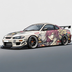 Illustration of a custom Nissan Silvia S15. Wrapped in detailed anime Lisa theme graphics. Gray backdrop.