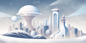 White illustration, rene magritte style, street of surreal collage of many futuristic buildings, briges and trees, big  ocean, galaxy sky, soft lines, grainy paper