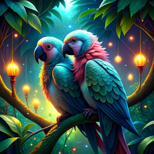 two parrots hugging in a tree