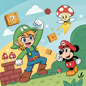 Cartoon illustration featuring Link, Mario, and Mickey Mouse. Colorful, vibrant background with elements from multiple Nintendo franchises.