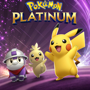 Promotional poster for Pokemon Platinum. Features iconic characters in vivid purple and gold hues. Text in French, details about release date and rating.
