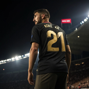 Koke, footballer, with fierce look. Wearing Atletico Madrid jersey, golden number 21 on back. Dark stadium lights, fans in the background.