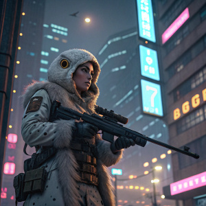 Ana, dressed in her 'Snow Owl' skin, stands in a futuristic urban setting with glowing neon signs. She holds her rifle with a determined look.