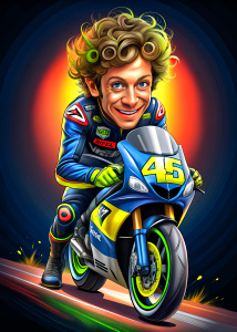  cartoon Valentino Rossi motorbike Yamaha ,    ultra detailed   , style pop art, , style watecolor, black background,r eady for print t-shirt, style art fabric, without horse


