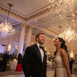 Kellan Lutz and Rachel Smith at a joyous celebration. Lavish ballroom setting with sparkling chandeliers and elegant decor.