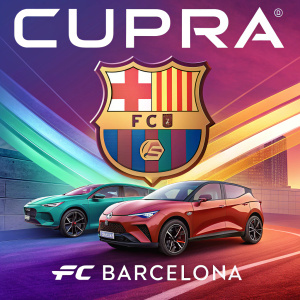 Promotional image featuring Cupra and FC Barcelona logos. Vibrant color palette with gradient hues. Spanish text highlights sports initiative.