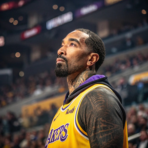 J.R. Smith, ex-NBA player, wearing a Lakers jersey. Serious look. Backdrop of a crowded arena.