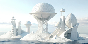 White illustration,  Wes Anderson style, surrealism 
 structural aesthetics, collage of many complex metal architectures, huge ocean and sky, white, gain paper