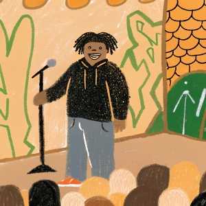 Kodak Black, with a big smile, standing at a vibrant concert. He's dressed in a black hoodie and baggy jeans. Graffiti-covered walls behind him, crowd in the background