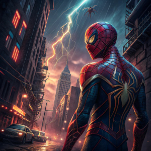 Promotional artwork for Spider-Man: No Way Home. Dark cityscape, futuristic machinery, vivid lightning bolts, intricate suit designs, vibrant color contrasts, digital art style.