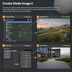 Step-by-step guide on creating a 3D image using software. Demonstrates how to navigate nodes, adjust settings, and apply gradients between Image Texture and Environment Tag. Interface is predominantly grey and black with some highlighted colors.