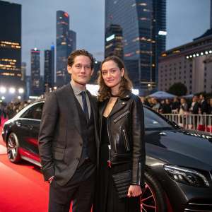 Sebastian Rudy and Elena Rudy at a luxury car launch event. Sebastian in a tailored suit, Elena in a chic leather jacket. Crowded cityscape in the background.