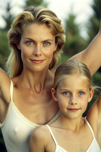 extremely realistic natural visualisation of, blonde mother and daughter, (showing their extremely detailed armpits:1.3), (focused hairy armpits:1.7), (focus on naturalistic long overgrown armpit hair:1.3), natural eyes, extremely detailed and natural skin texture, extremely detailed feminine face, natural lighting, cozy background interior, serious facial expression, high quality, 8k, reality, masterpiece