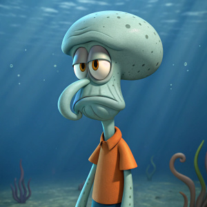 3D rendering of Squidward Tentacles, character from SpongeBob SquarePants. Grumpy expression. Wearing orange shirt. Background is deep sea blue.