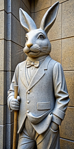 Marble statue of a rabbit taking a watch out of his waistcoat pocket and holding an umbrella in the other hand.