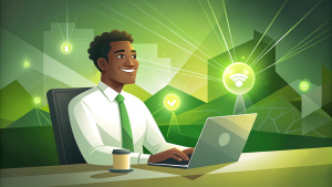 smiling black business man sitting in from of a desk looking at a laptop, in a an office, wearing shirt, glowing laptop  screen projecting business icons,  wide camera angle, side view
