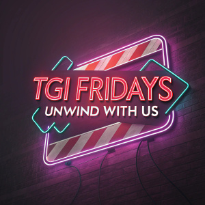 TGI Fridays' vibrant logo and catchy slogan in neon lights.