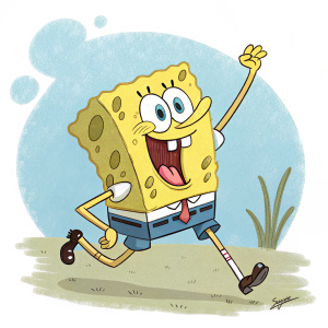 Cartoon illustration of SpongeBob SquarePants in an energetic pose, waving arms wildly. Bright yellow body, blue shorts. Simple, colorful background with no details.