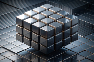 Modern digital geometric cube abstract background. Stylish realistic poster with black 3d render cube background on dark background. 