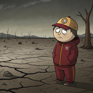 Eric Cartman, from South Park, standing alone in a barren wasteland. Dark, gritty illustration.