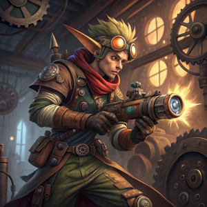 Digital illustration of Jak from Jak and Daxter series in a steampunk-inspired outfit. Wields a futuristic weapon, alongside detailed sketches and character designs.