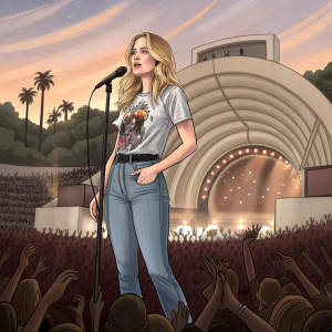 Elizabeth Lail, in casual jeans and a graphic t-shirt, at the Hollywood Bowl. Crowd cheering in the background.