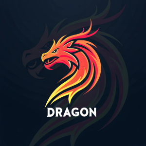 Abstract dragon logo design featuring dynamic, flowing lines and a fiery effect. Dark background with watermark and text overlay.
