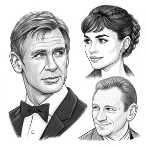 Cartoon-style drawings of celebrities. Features Harrison Ford, Daniel Craig, and Audrey Hepburn. Pencil sketches emphasizing their facial details. Black and white illustration with varying shades