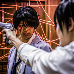 Spike Spiegel from Cowboy Bebop in a tense standoff scene. Black hair, with a red scar on his face. Abstract neon red background with intricate lines