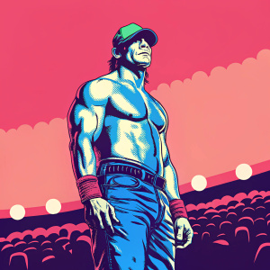 Render of John Cena, wearing green cap and wristbands, standing on stage at WWE event. Audience blurred in background