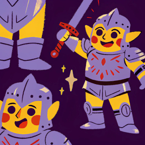 Chibi-style Link characters from 'The Legend of Zelda: Breath of the Wild', depicted in a vibrant digital art style. Metallic grey hues, detailed textures, and armor-like elements characterize each character. Set against a neutral grey background, the characters are in various playful poses with unique accessories.