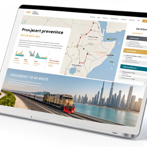 Modern website layout for Etihad Rail. Professional design showcasing rail network map, procurement details, and project timeline. Bright and clean interface.