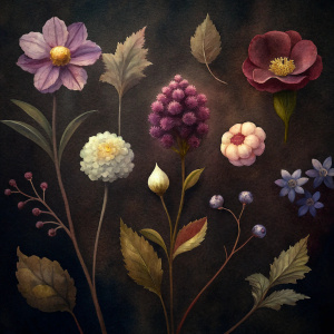 WATERCOLOR ,DARK BROWN  background botanic  , watercolor VINTAGE  image with dark brown   background , brown  VIBURNUM  , CRASPEDIA ,  ,anemone ,hollyhock ,CORTADERIA ,BRASSICA,DAUCUS ,snapdragon,celosla,gladiolus,vinca , achillea   ,astrantia ,LATHYRUS, AZURE BLOODROOT,WILD LUPINE,0RARIE DOCK,WHORLED MILKWEED achillea, BELLS OF IRELAND,PURPLE PRAIRIE CLOVER,FRINGED GENTION,SHOOTING STAR ,physalis , watercolor, dark brown  background VINTAGE