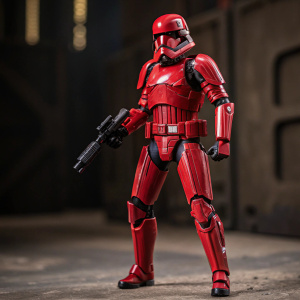 A 6-inch Sith Trooper action figure, inspired by Star Wars. It's predominantly red with a glossy, metallic finish and stands in a battle-ready pose.