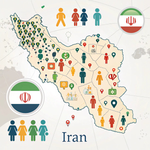 Detailed infographic illustrating Iran's demographic diversity through tiny, vibrant icons spread across a map.