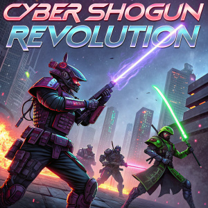Cover art for 'CYBER SHOGUN REVOLUTION'. Depicts an intense, cyberpunk themed battle scene with glowing, mechanized warriors. Vibrant hues of neon colors and dark grays. Digital illustration.